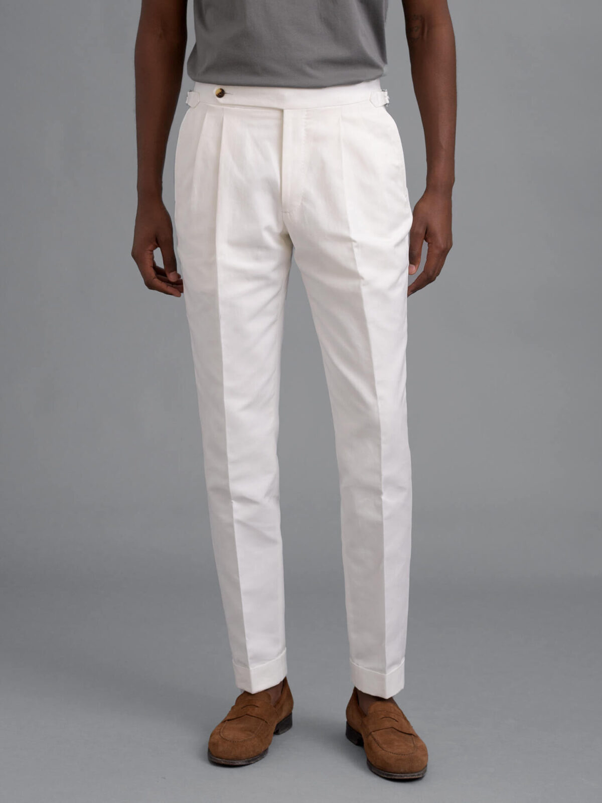 Double Pleated White Cotton and Linen Dress Pant
