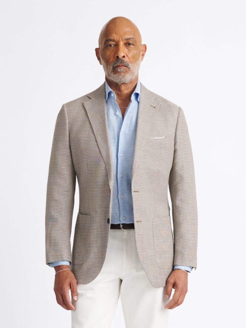 Beige Houndstooth Wool and Linen Stretch Bedford Jacket Thumb Detail