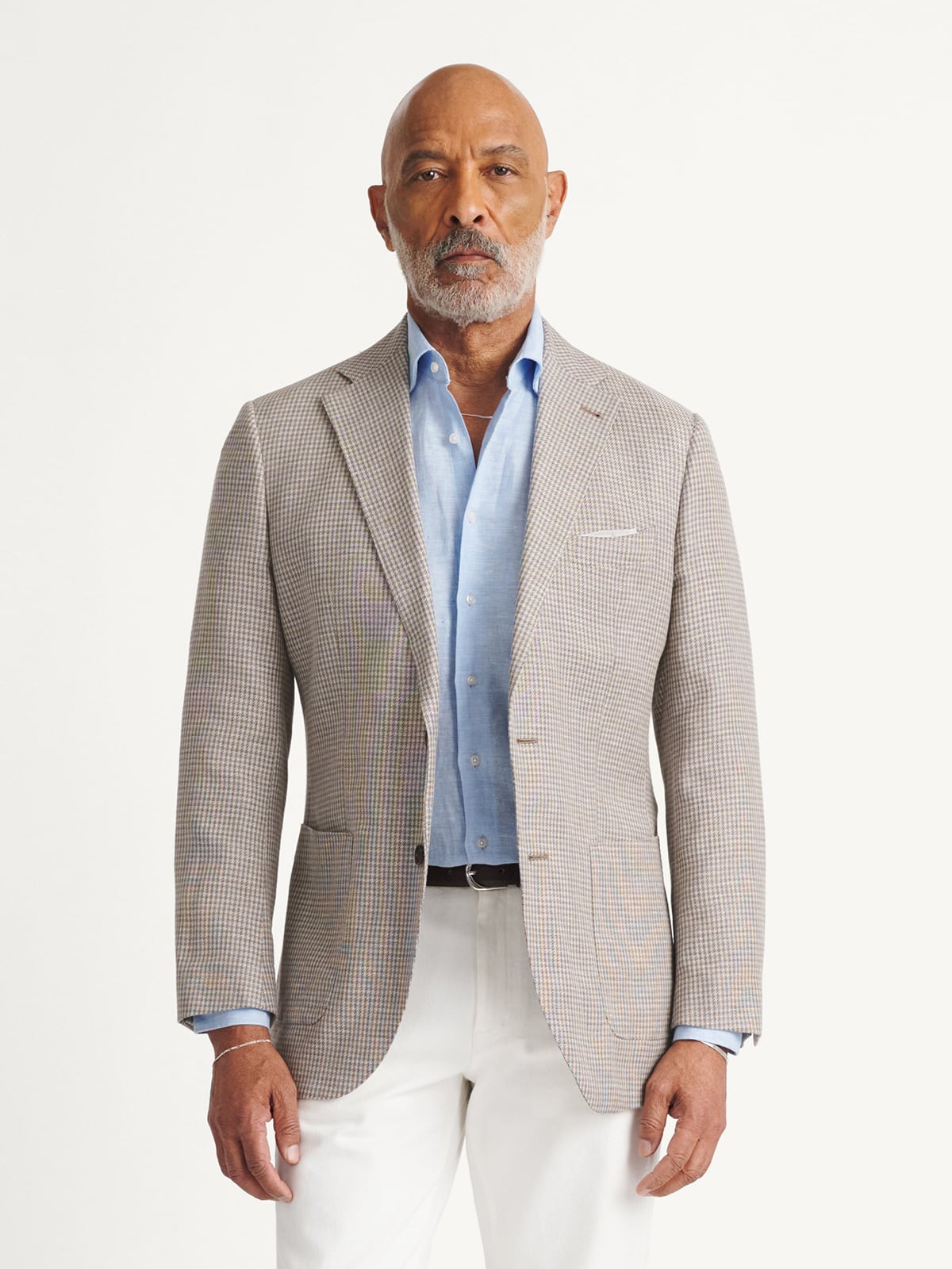 Beige Houndstooth Wool and Linen Stretch Bedford Jacket - Custom