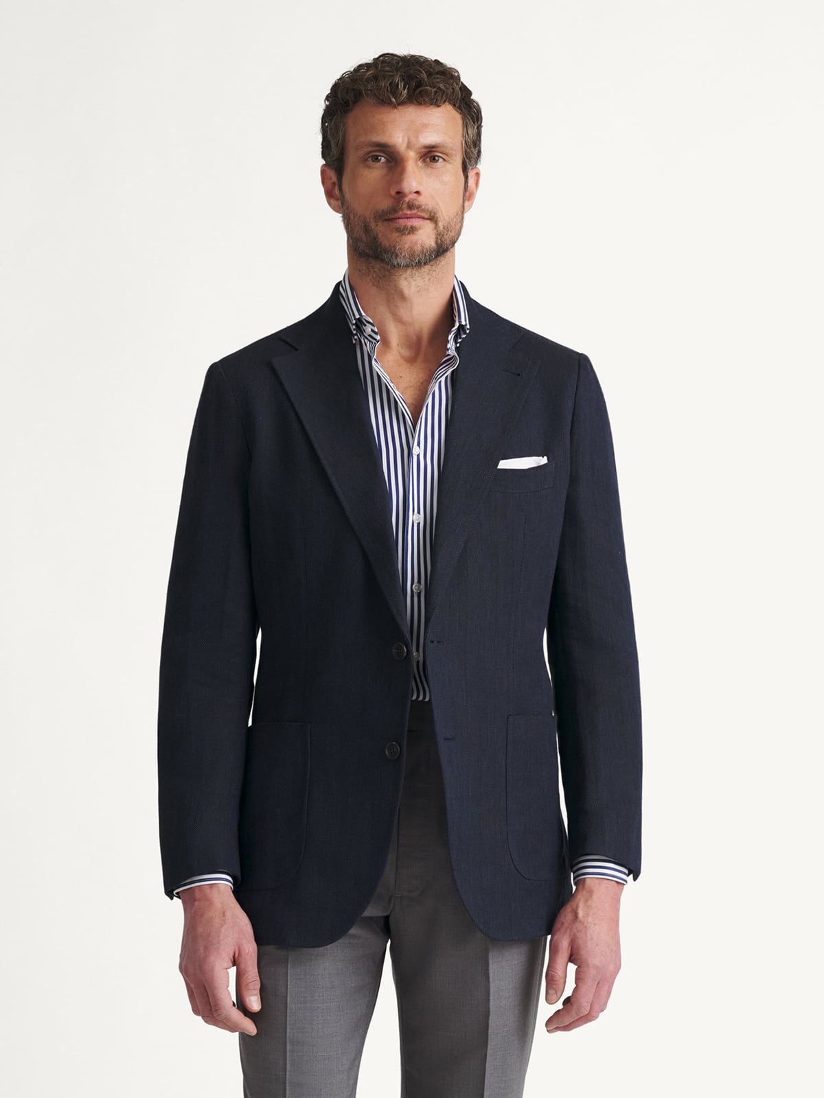 Drago Navy Herringbone Wool Linen Portofino Jacket - Custom Fit