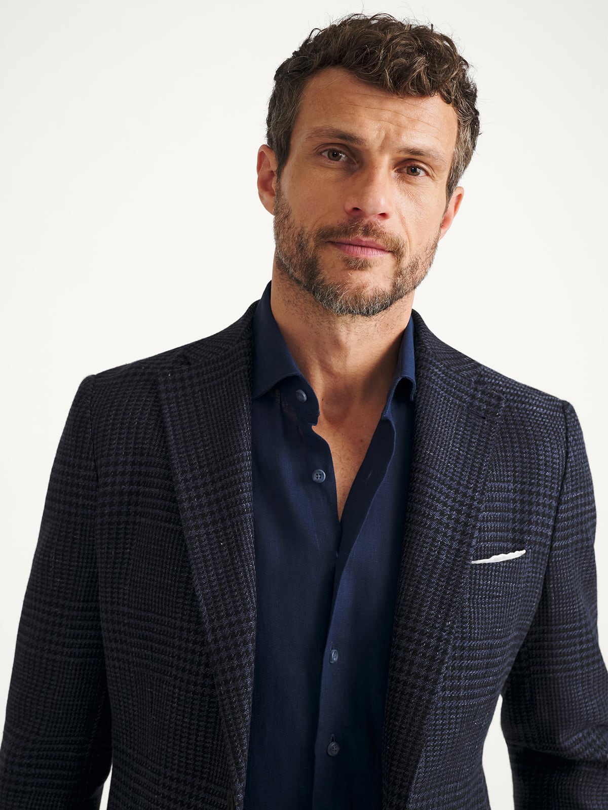 Cerruti Navy Glen Plaid Cotton and Linen Jacket - Custom Fit