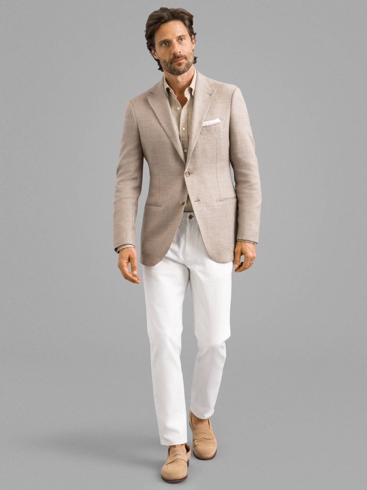 Delfino Beige Stretch Wool Blend Hopsack Bedford Jacket - Custom