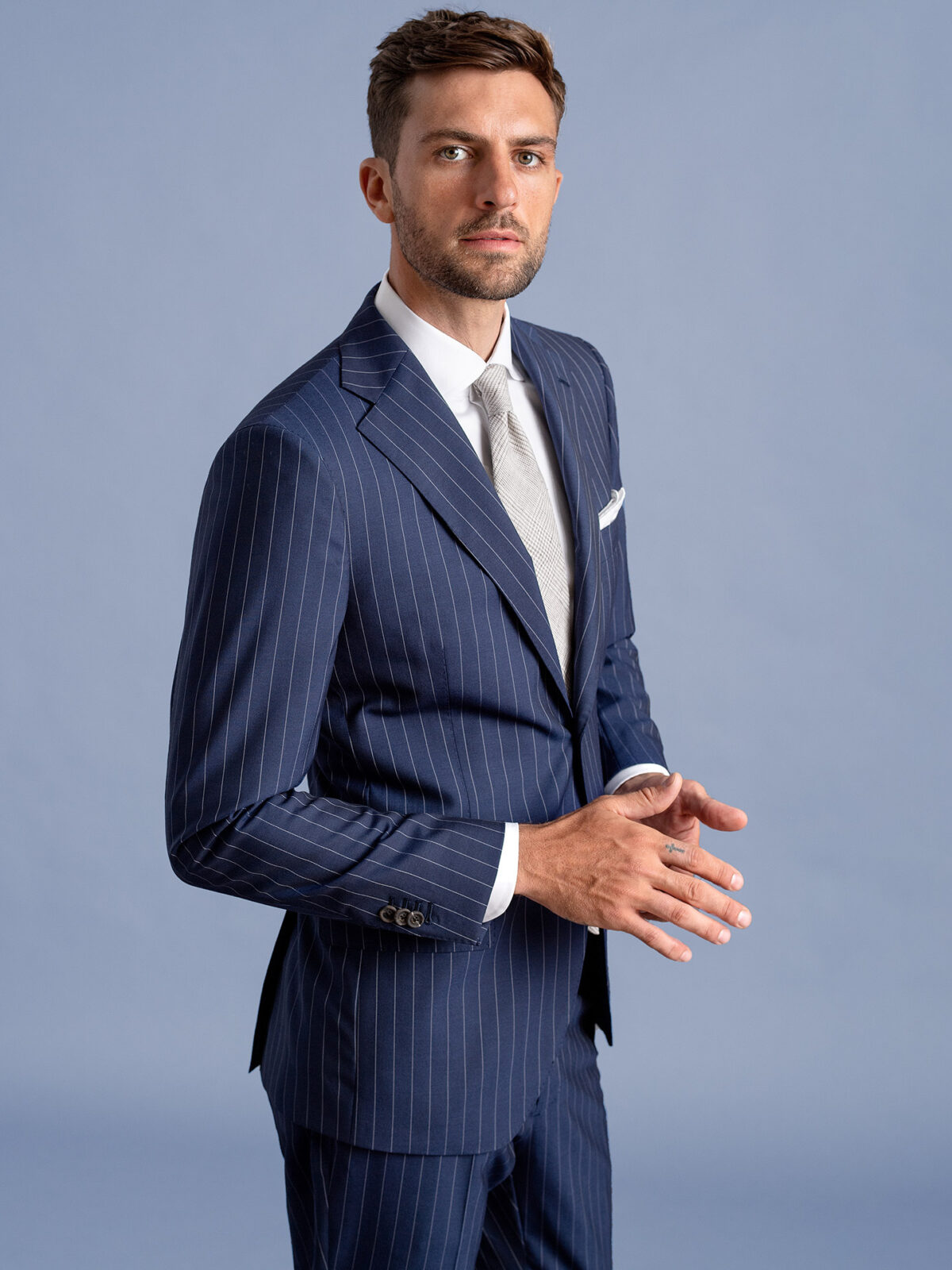 Proper Cloth Drago Navy Pinstripe S130s Allen Men's Custom Suit