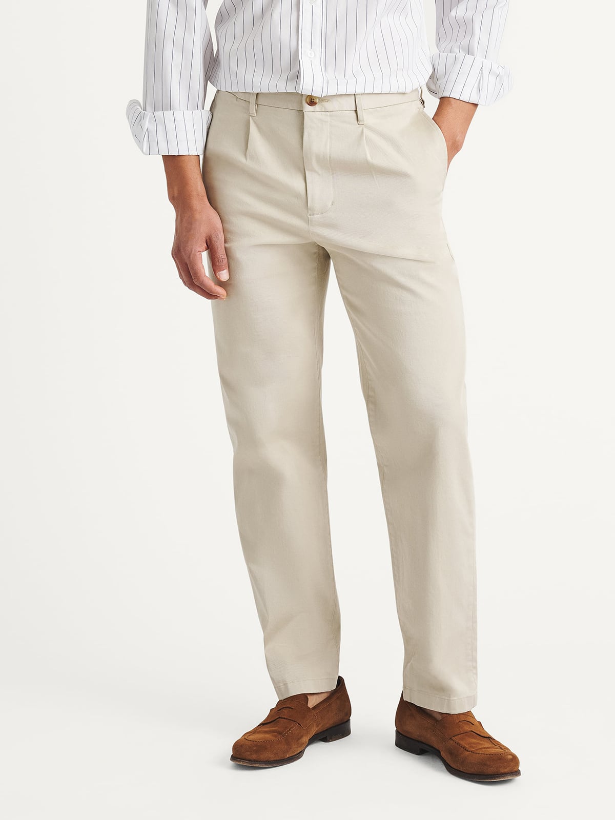 Single Pleated Di Sondrio Beige Stretch Cotton Chino - Custom Fit