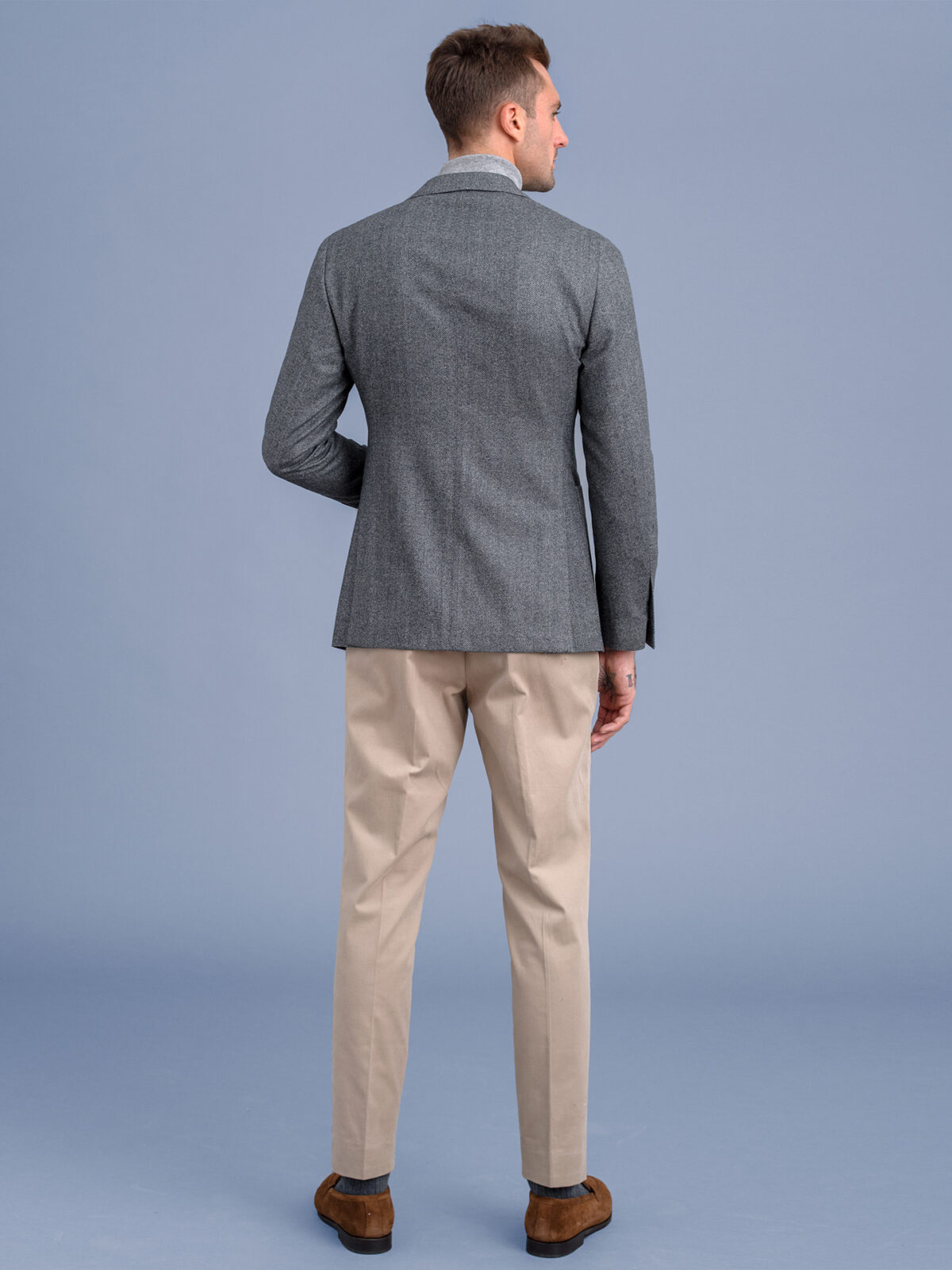 The Grey Herringbone Track Stripe Suit and Navy Crombie Coat in
