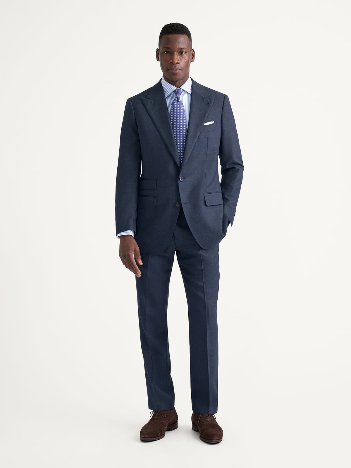 navy blue dress with gray tux Proper Cloth Peak Lapel Drago Navy Birdseye S130s Suffolk Men's Custom Suit